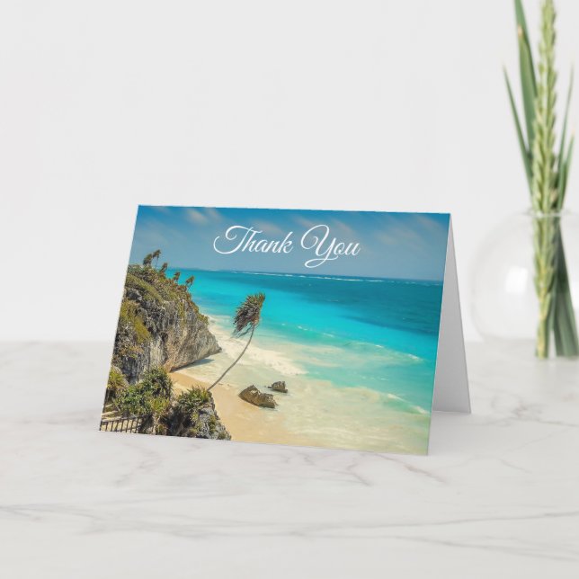 Tropical Beach with Wind Swept Palm Trees Thank You Card (Front)