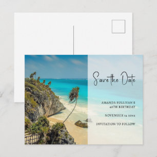 Tropical Beach with Wind Swept Palms Save the Date Invitation Postcard