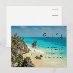 Tropical Beach with Wind Swept Palms Save the Date Invitation Postcard
