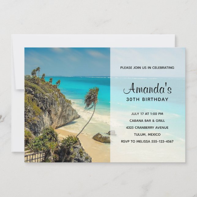Tropical Beach with Wind Swept Trees Birthday Invitation (Front)
