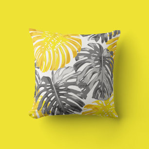Tropical Beach Yellow Gray Modern Jungle Leaves Cushion