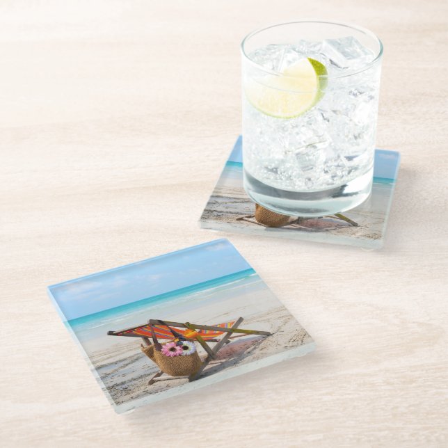 Tropical Beaches | Beach Chair on Sand Glass Coaster (Angled)