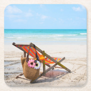 Tropical Beaches   Beach Chair on Sand Square Paper Coaster