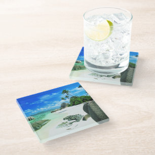 Tropical Beaches La Digue Island Glass Coaster