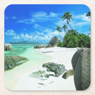 Tropical Beaches La Digue Island Square Paper Coaster