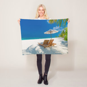Tropical Beaches Lounge Chairs Beach, Bora Bora Fleece Blanket