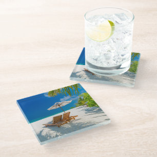 Tropical Beaches   Lounge Chairs Beach, Bora Bora Glass Coaster