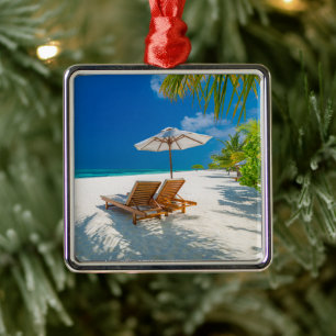 Tropical Beaches   Lounge Chairs Beach, Bora Bora Metal Ornament