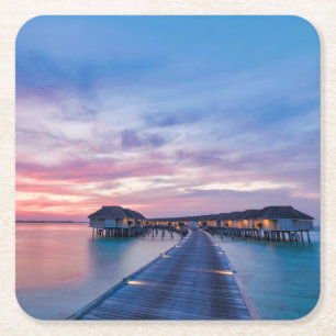 Tropical Beaches   Maldives Bungalows Square Paper Coaster