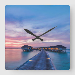 Tropical Beaches   Maldives Bungalows Square Wall Clock