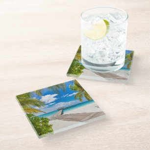 Tropical Beaches   Maldives Island Wooden Jetty Glass Coaster