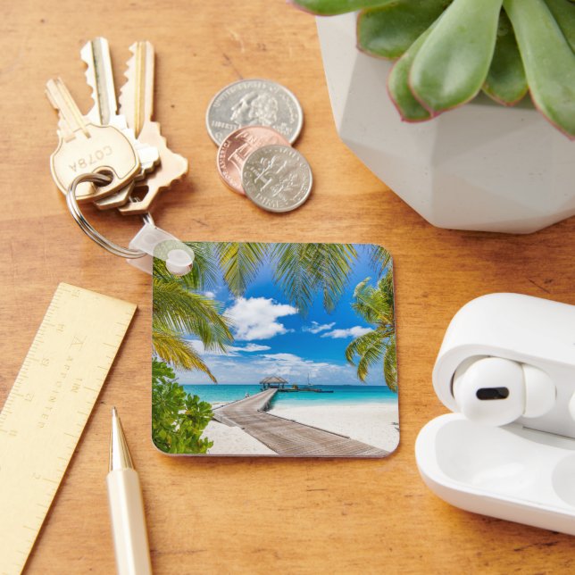 Tropical Beaches | Maldives Island Wooden Jetty Key Ring (Desk)