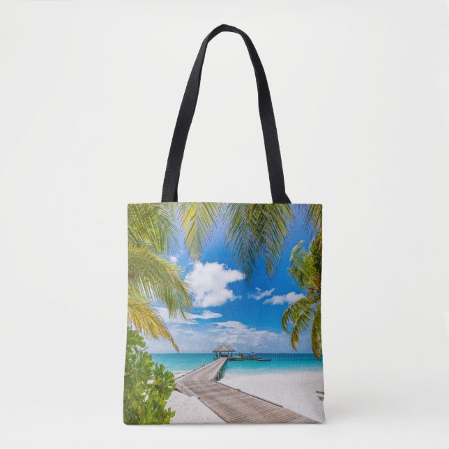 Tropical Beaches | Maldives Island Wooden Jetty Tote Bag (Front)