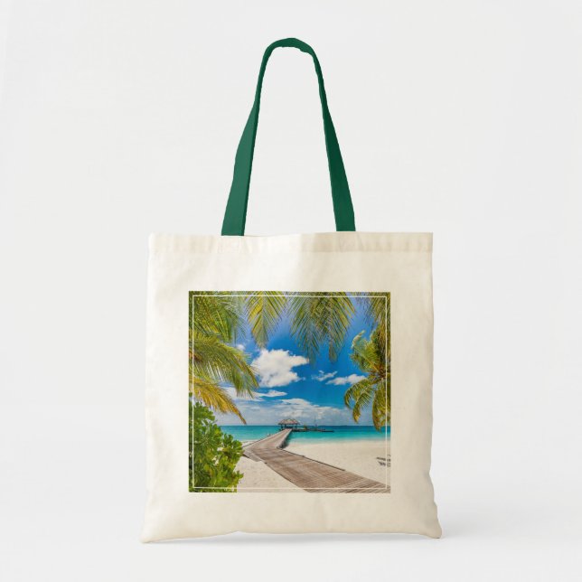 Tropical Beaches | Maldives Island Wooden Jetty Tote Bag (Front)