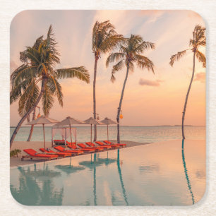 Tropical Beaches   Maldives Tropical Beach & Pool Square Paper Coaster