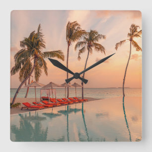 Tropical Beaches   Maldives Tropical Beach & Pool Square Wall Clock