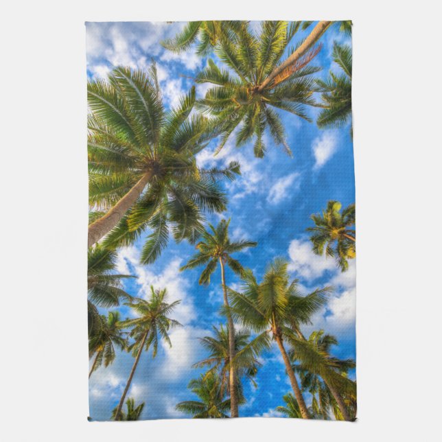 Tropical Beaches | Palm Trees on Blue Sky Tea Towel (Vertical)