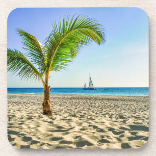 Tropical Beaches Sailboat, Palm Tree, Aruba Coaster