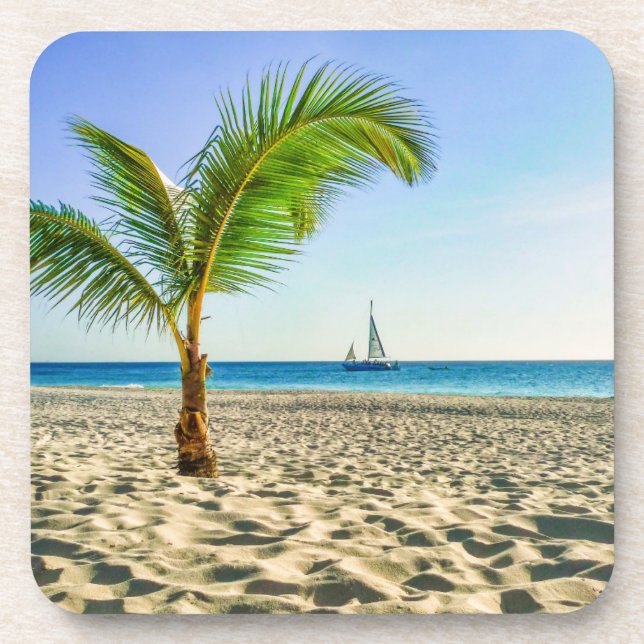 Tropical Beaches | Sailboat, Palm Tree, Aruba Coaster (Front)