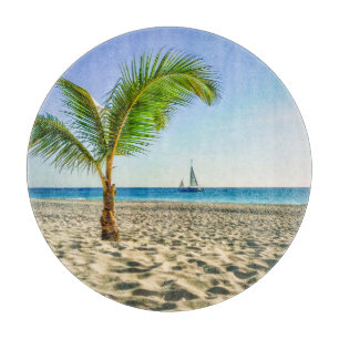 Tropical Beaches   Sailboat, Palm Tree, Aruba Cutting Board