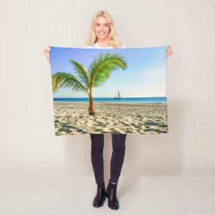 Tropical Beaches Sailboat, Palm Tree, Aruba Fleece Blanket