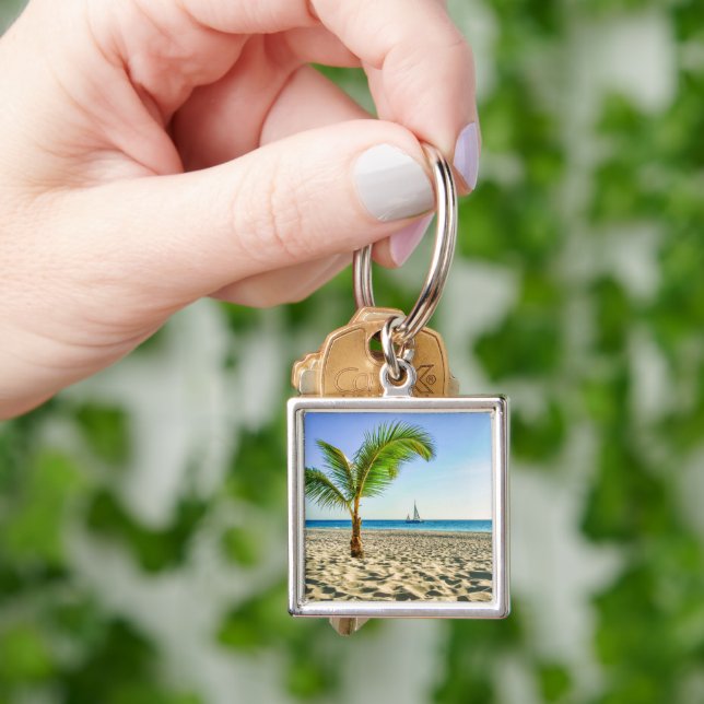 Tropical Beaches | Sailboat, Palm Tree, Aruba Key Ring (Hand)