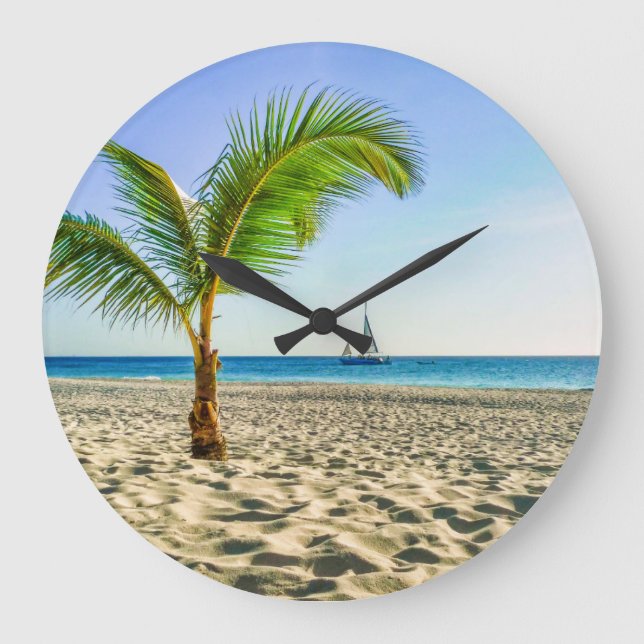 Tropical Beaches | Sailboat, Palm Tree, Aruba Large Clock (Front)