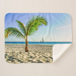 Tropical Beaches   Sailboat, Palm Tree, Aruba Sherpa Blanket
