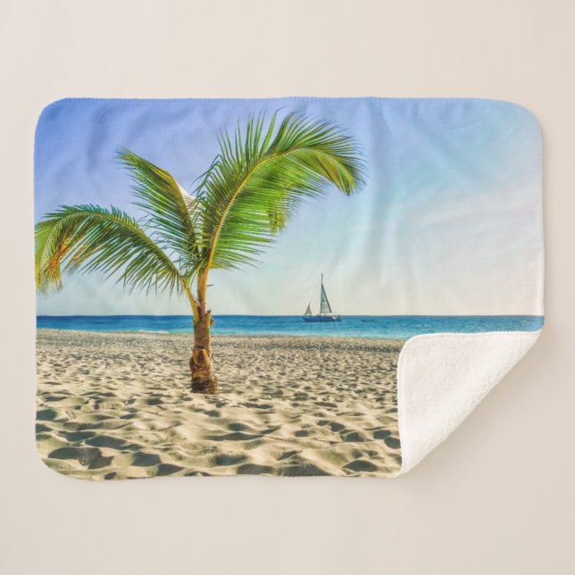 Tropical Beaches | Sailboat, Palm Tree, Aruba Sherpa Blanket (Front (Horizontal))