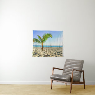 Tropical Beaches Sailboat, Palm Tree, Aruba Tapestry
