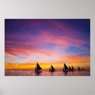 Tropical Beaches   Sunset Sailboats, Phillipines Poster