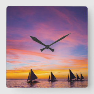 Tropical Beaches   Sunset Sailboats, Phillipines Square Wall Clock