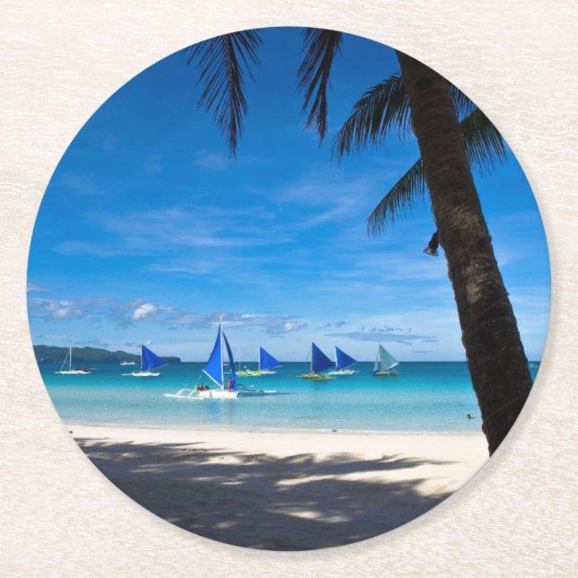 Tropical Beaches | White Beach Boracay Philippines Round Paper Coaster (Front)