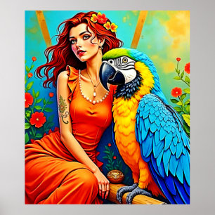 Tropical Beauty and Blue Parrot Design Poster