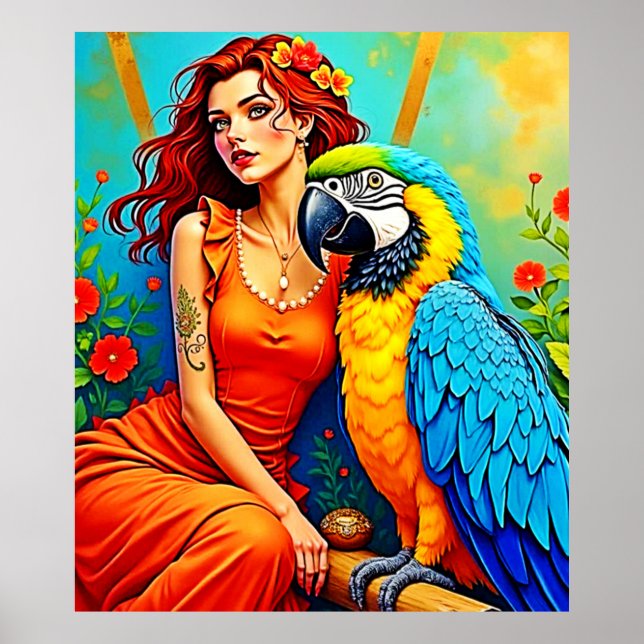 Tropical Beauty and Blue Parrot Design Poster (Front)
