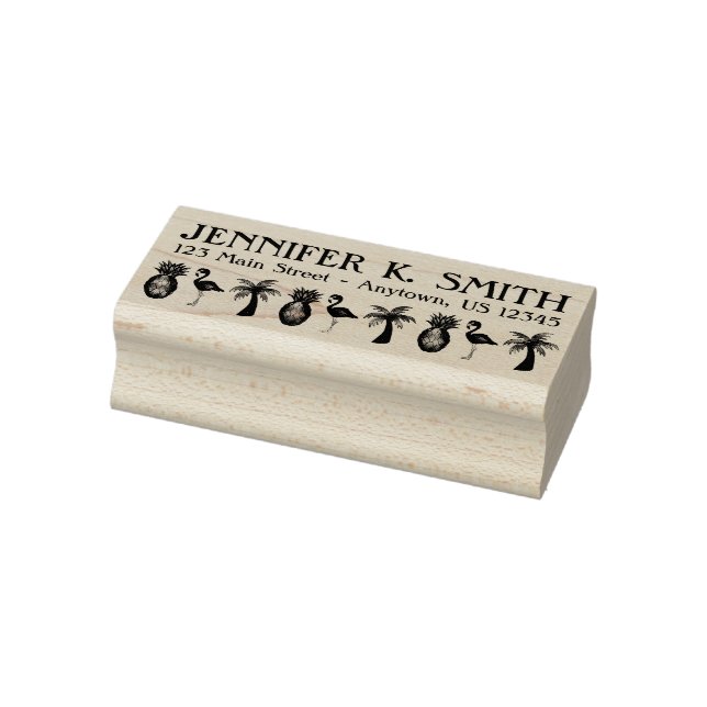Tropical Bird Flamingo Palm Tree Pineapple Address Rubber Stamp (Stamp)