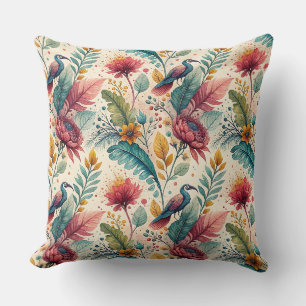 Tropical Bird & Floral Watercolor Painting Pattern Cushion