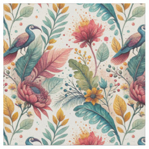 Tropical Bird & Floral Watercolor Painting Pattern Fabric