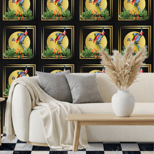 Tropical Bird Flower Black Gold Wallpaper