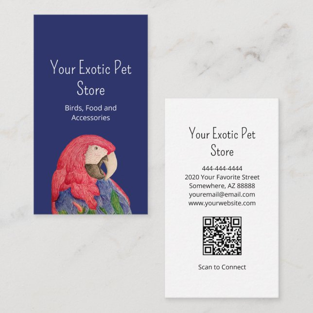 Tropical Bird Macaw Pet Store QR code Blue Business Card (Front/Back)