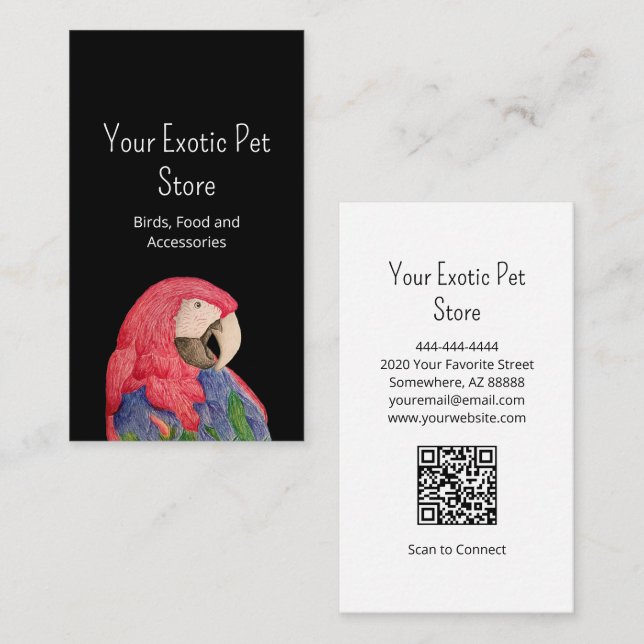 Tropical Bird Macaw QR code Pet Store Black Business Card (Front/Back)