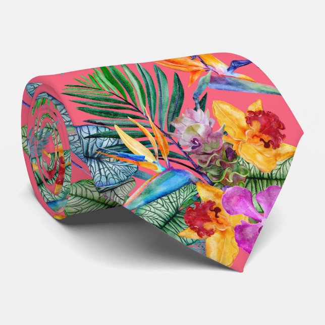 Tropical Bird Of Paradise And Orchid Spring Garden Tie (Rolled)