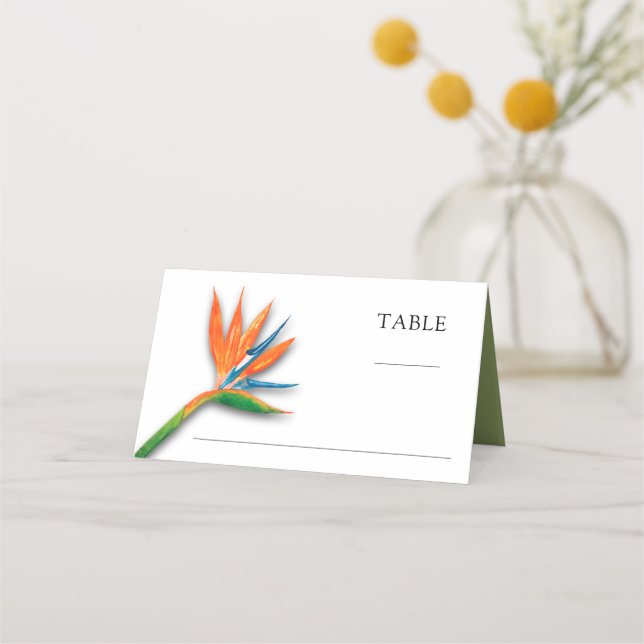 Tropical Bird of Paradise Botanical Wedding Place Card (Front)