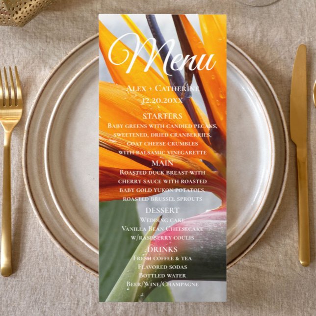 Tropical Bird of Paradise Floral Wedding Dinner Menu (In Situ Table)