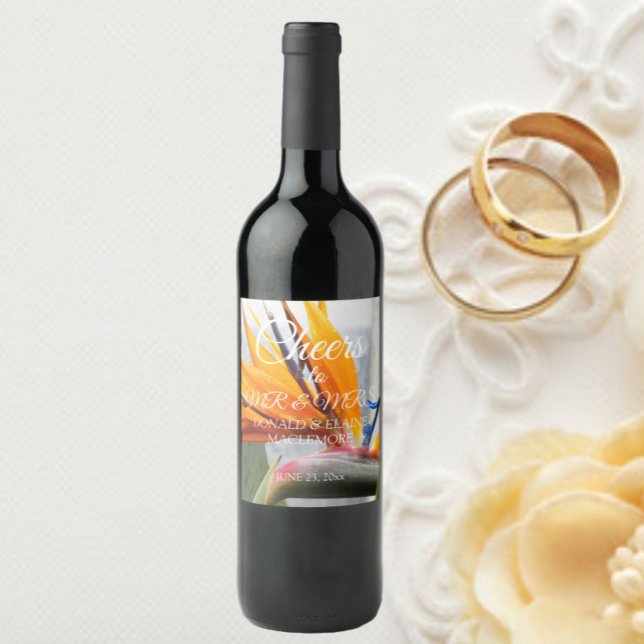 Tropical Bird of Paradise Floral Wedding Wine Label (In Situ Wedding)