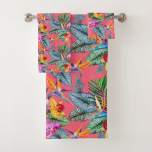 Tropical Bird Of Paradise & Orchid Spring Garden Bath Towel Set