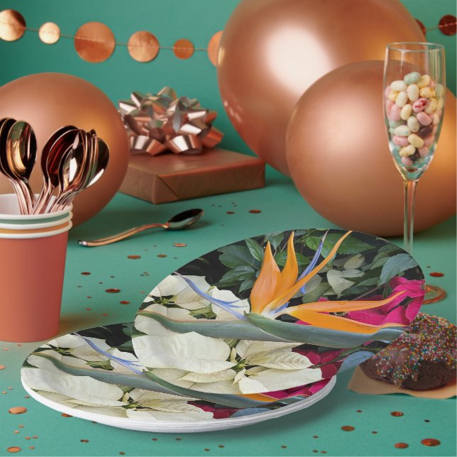 Tropical Bird of Paradise Plant and Poinsettias Paper Plate (Multi)