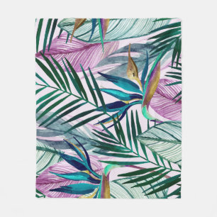 Tropical bird-of-paradise, watercolor pattern fleece blanket