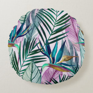 Tropical bird-of-paradise, watercolor pattern round cushion