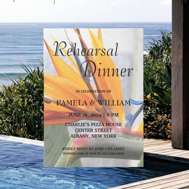 Tropical Bird of Paradise Wedding Rehearsal Dinner Invitation (In Situ Destination Wedding)